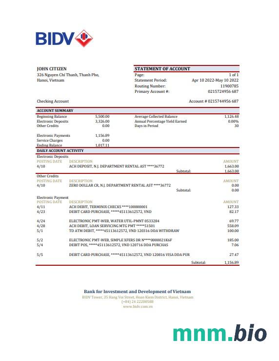 Szablon wyciągu bankowego Vietnam Agribank w programie Word i PDF